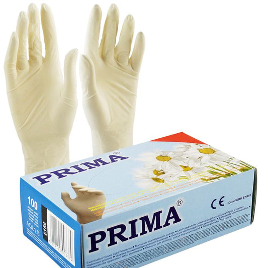 Manusi chirurgicale albe din latex, nesterile, usor pudrate, PRIMA, diverse marimi, 100buc