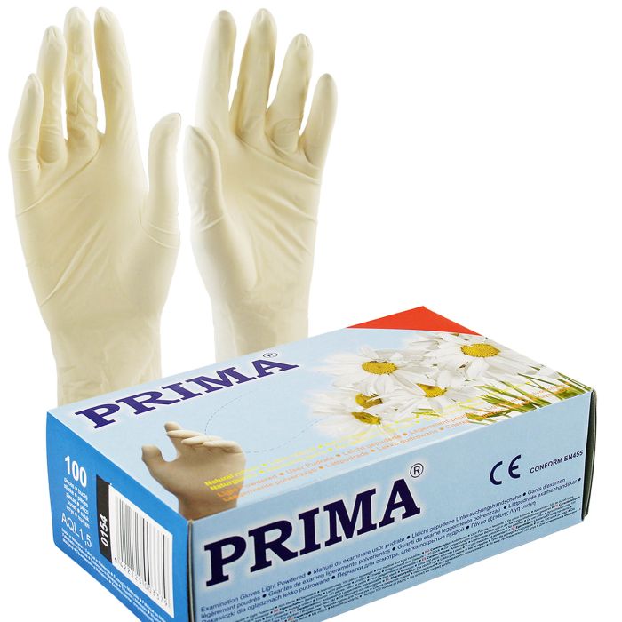Manusi chirurgicale albe din latex, nesterile, usor pudrate, PRIMA, diverse marimi, 100buc