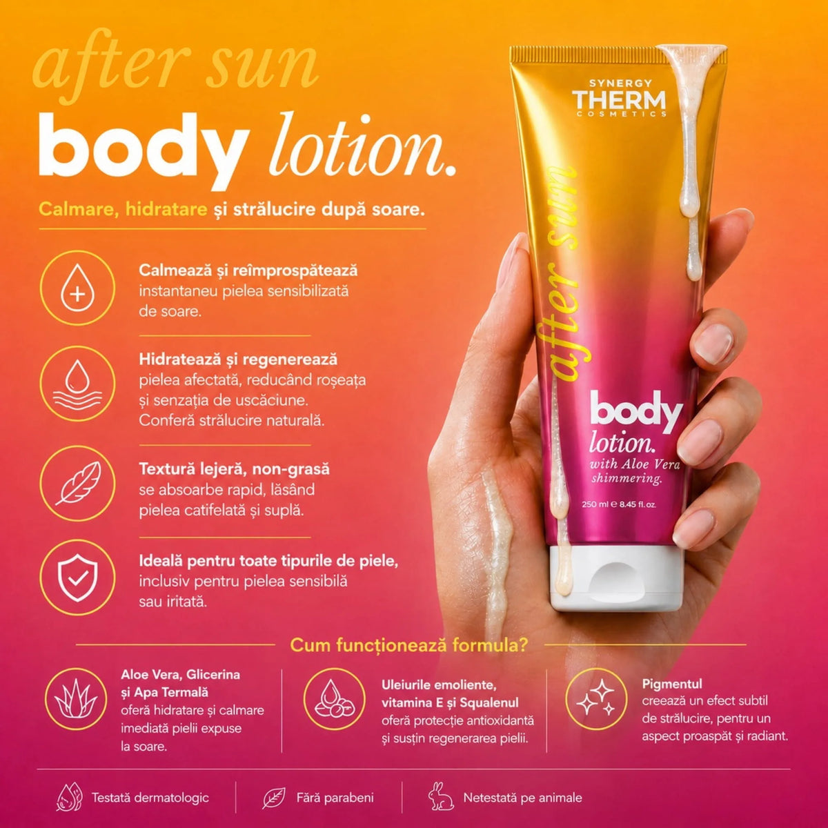 After Sun Body Lotion, Loțiune calmantă cu Aloe Vera pentru pielea expusă la soare, efect răcoritor și hidratant, 250ML