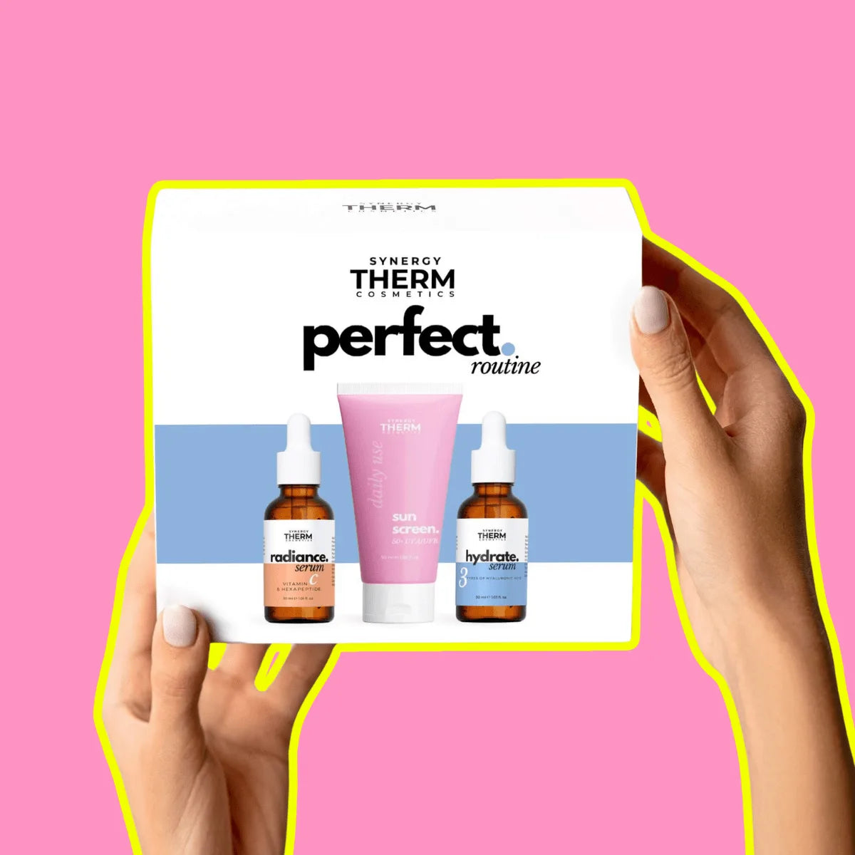 Set produse PERFECT ROUTINE rutină perfectă de bază cu ser antioxidant și iluminator cu Vitamina C, cremă hidratantă cu protecție solară SPF50+ și ser hidratant cu 3 tipuri de Acid Hialuronic