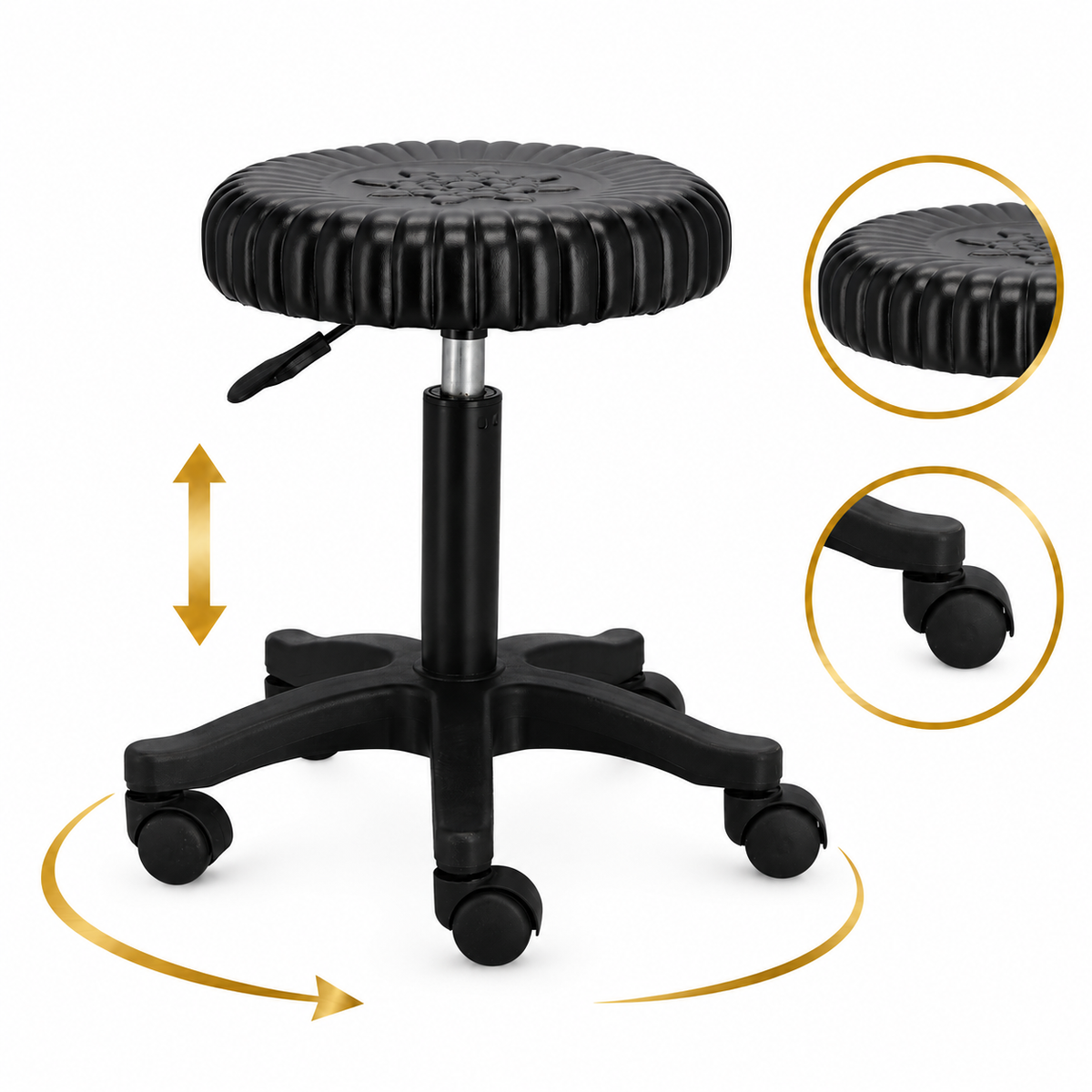 Taburet cosmetic rotativ, scaun coafor si frizerie, scaun rotund reglabil, negru