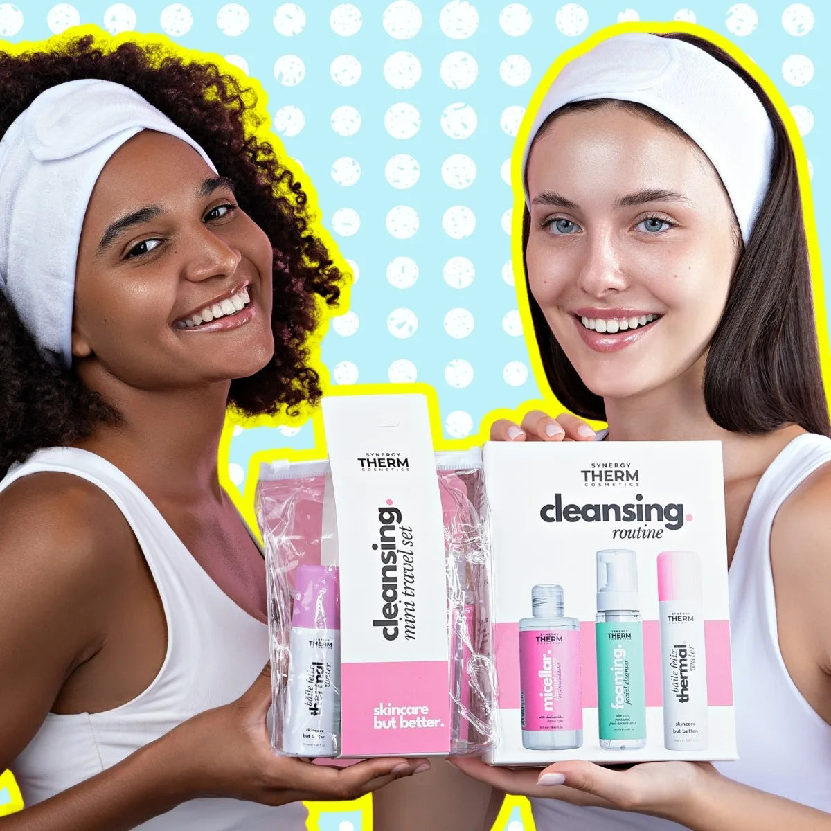 Set curățare CLEANSING ROUTINE rutină completă de demachiere și curățare a tenului cu apă micelară, cleanser spumant și spray cu apă termală - Mini Travel Size Kit