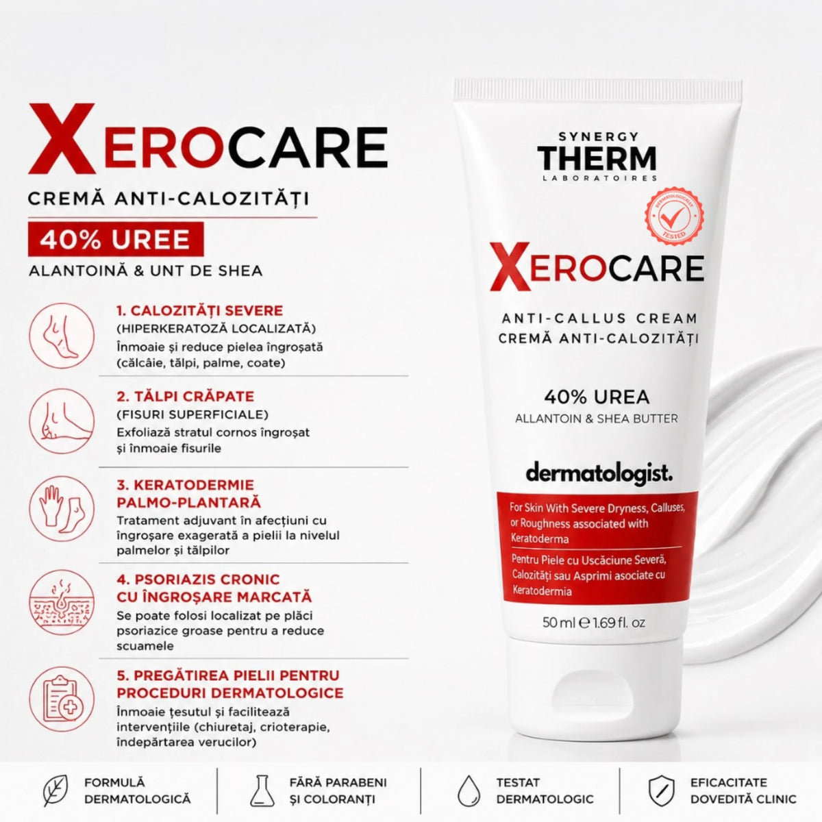 Xerocare Cremă Anti-Calozitǎți Cu 40% Uree, Alantoină Și Unt De Shea – 50ml