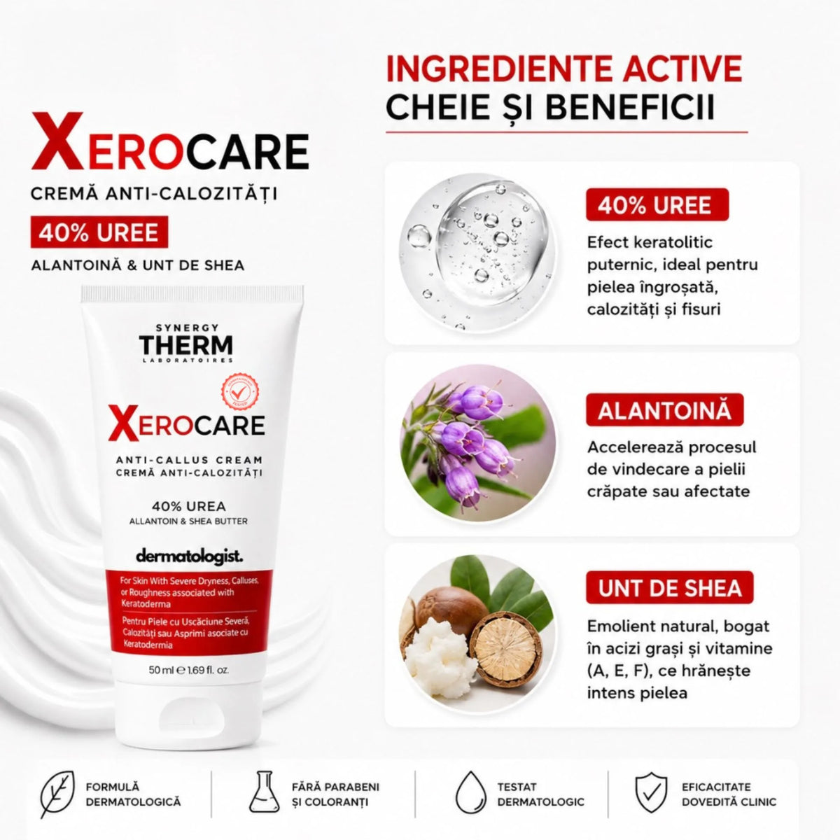 Xerocare Cremă Anti-Calozitǎți Cu 40% Uree, Alantoină Și Unt De Shea – 50ml