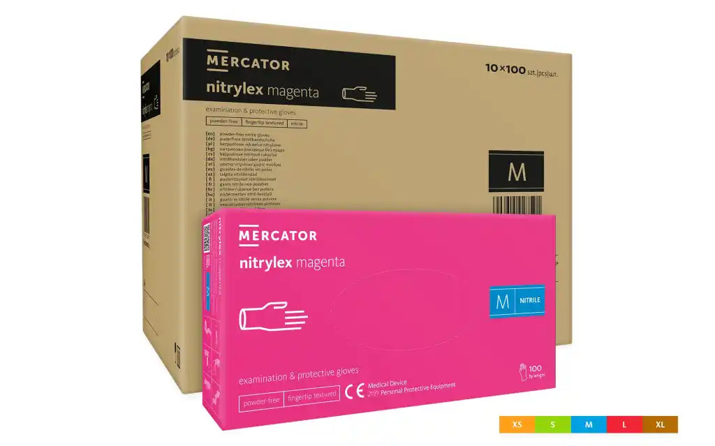 Manusi de examinare si protectie MERCATOR Nitrylex Magenta, nitril, fara pudra, magenta (roz), 100 bucati/cutie