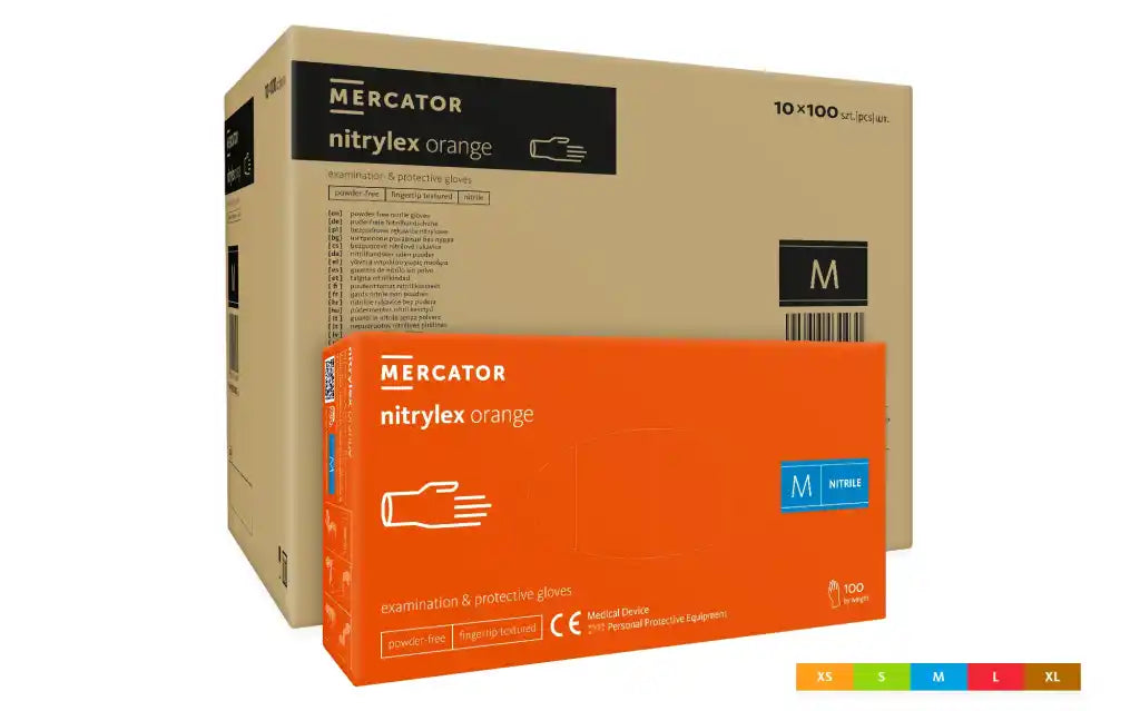 Manusi de examinare si protectie MERCATOR Nitrylex Orange, nitril, fara pudra, portocaliu, 100 bucati/cutie